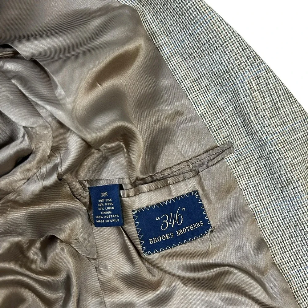 Brooks Brothers 346 Blazer Mens 39R‎ Silk Linen Wool Sport Coat Brown Tan Plaid